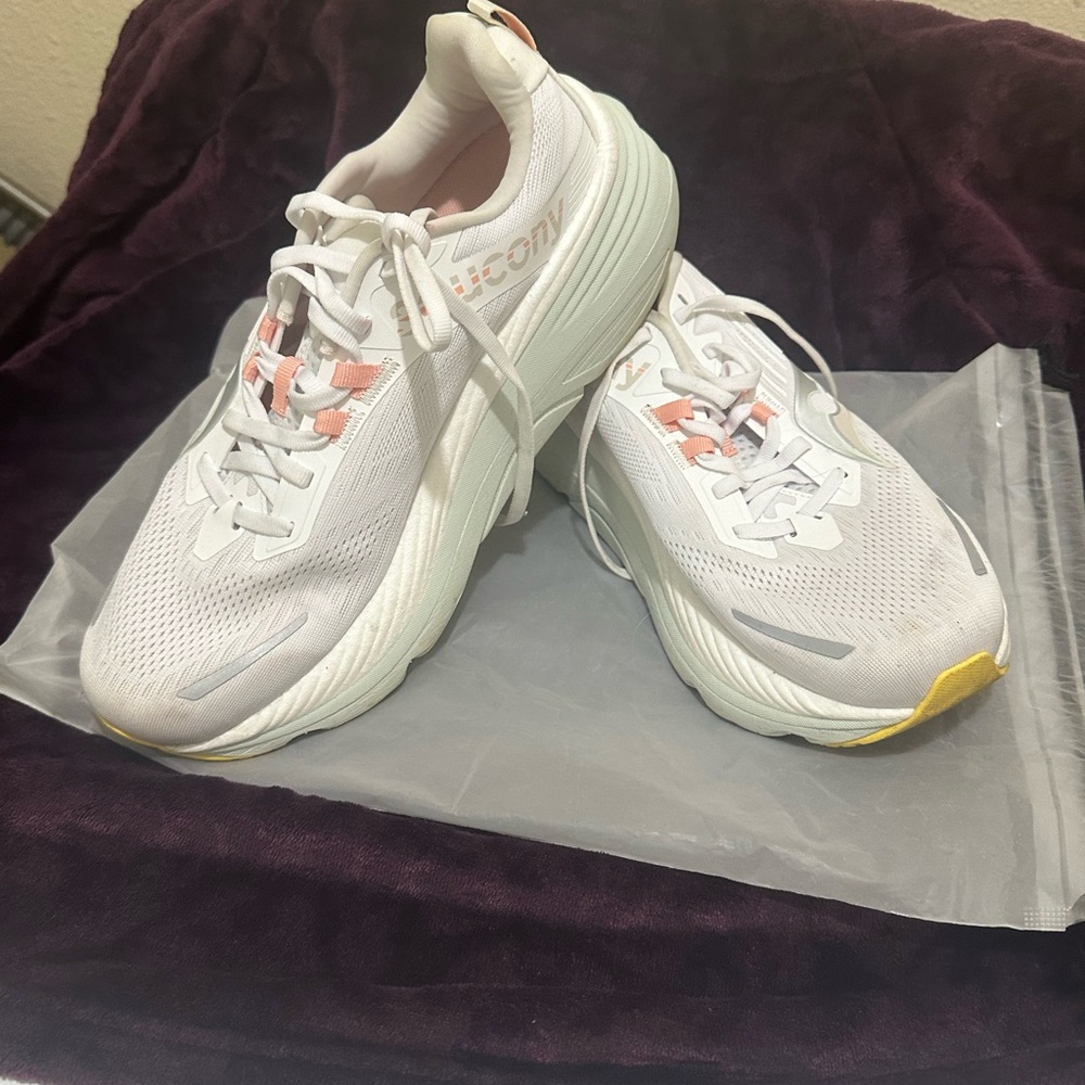 Saucony Women's Hurricane 24 White Sneakers with Pink and Yellow Accents